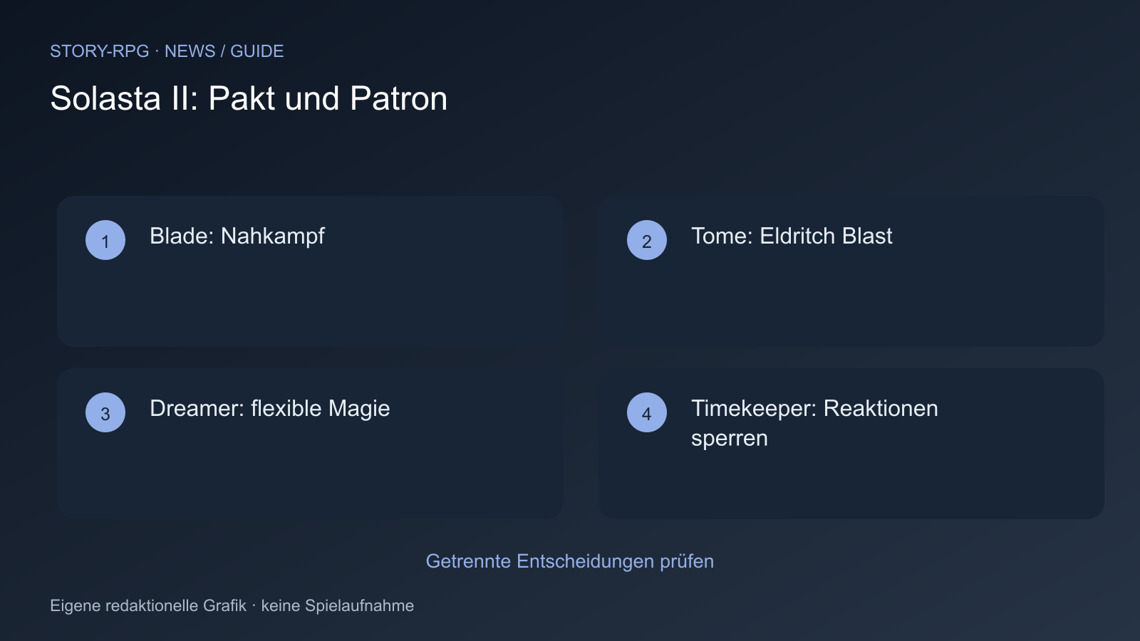 Blade: Nahkampf; Tome: Eldritch Blast; Dreamer: flexible Magie; Timekeeper: Reaktionen sperren
